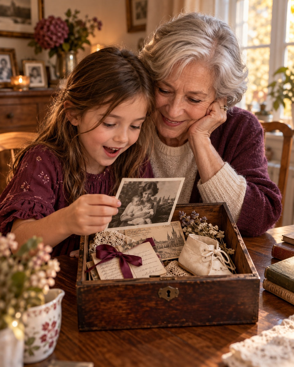 Un enfant ouvre une boîte de souvenirs familiaux avec un grand-parent