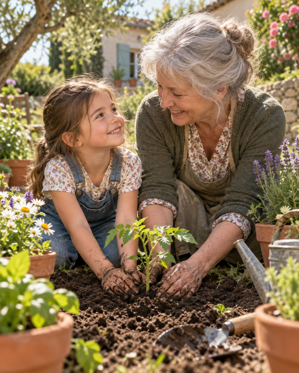 Un enfant et sa grand-mère plantent ensemble une jeune pousse au jardin