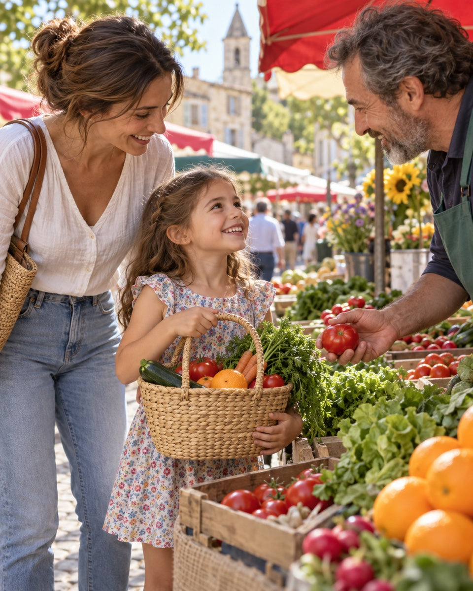 Un enfant choisit des fruits et légumes colorés avec un parent au marché