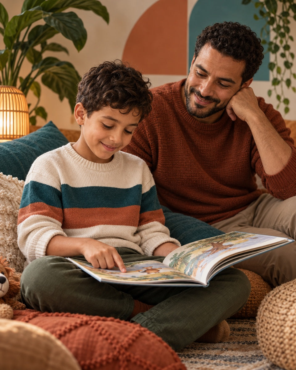 Un enfant lit seul un livre illustré pendant qu’un parent l’écoute avec fierté