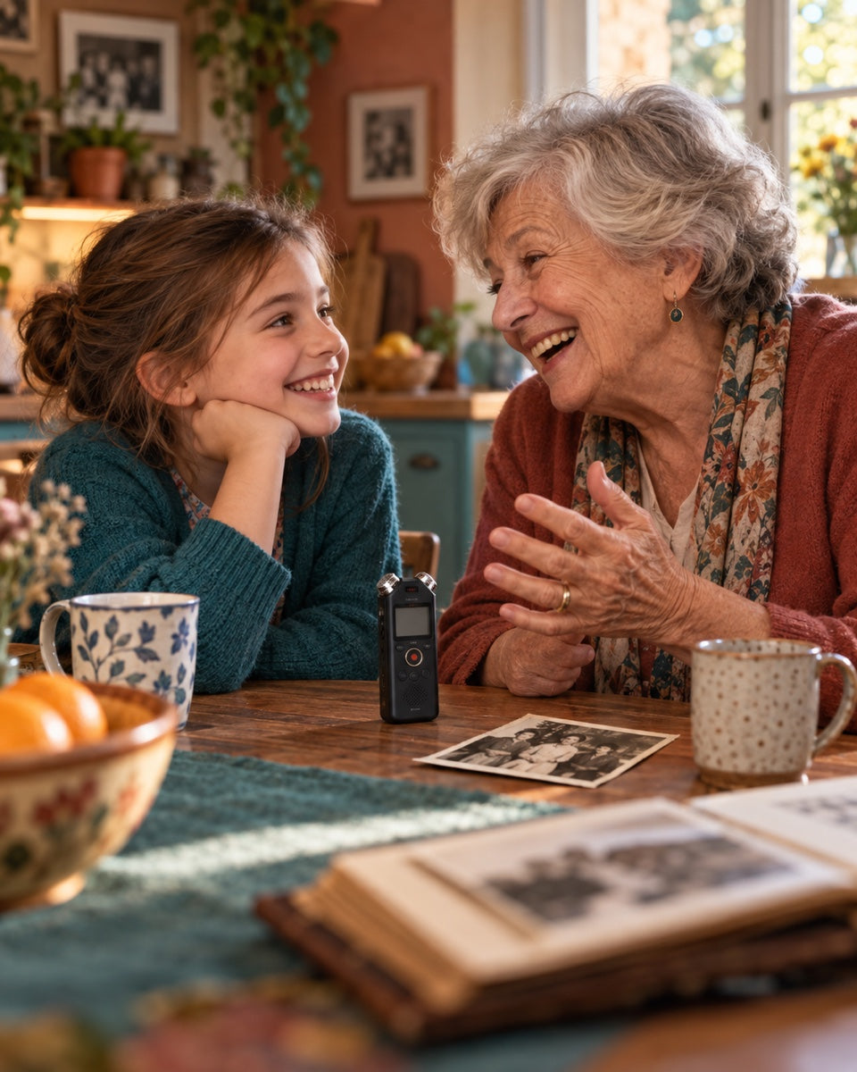 Un enfant enregistre le récit d’un grand-parent autour d’une table familiale