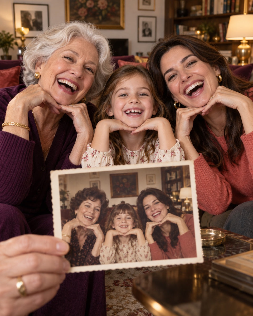 Trois générations recréent joyeusement la pose d’une ancienne photo de famille