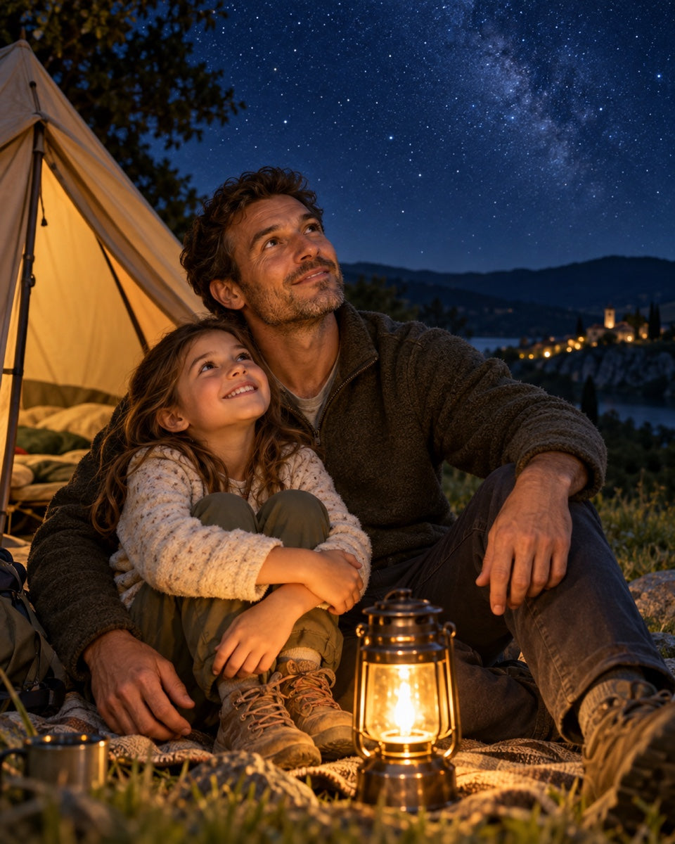Un enfant et son parent découvrent ensemble un ciel étoilé devant leur tente
