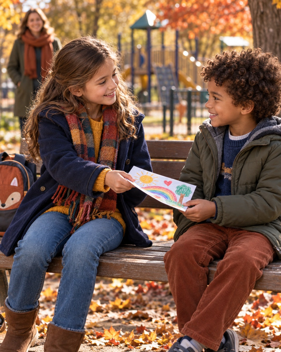 Un enfant offre un dessin à un autre enfant assis sur un banc