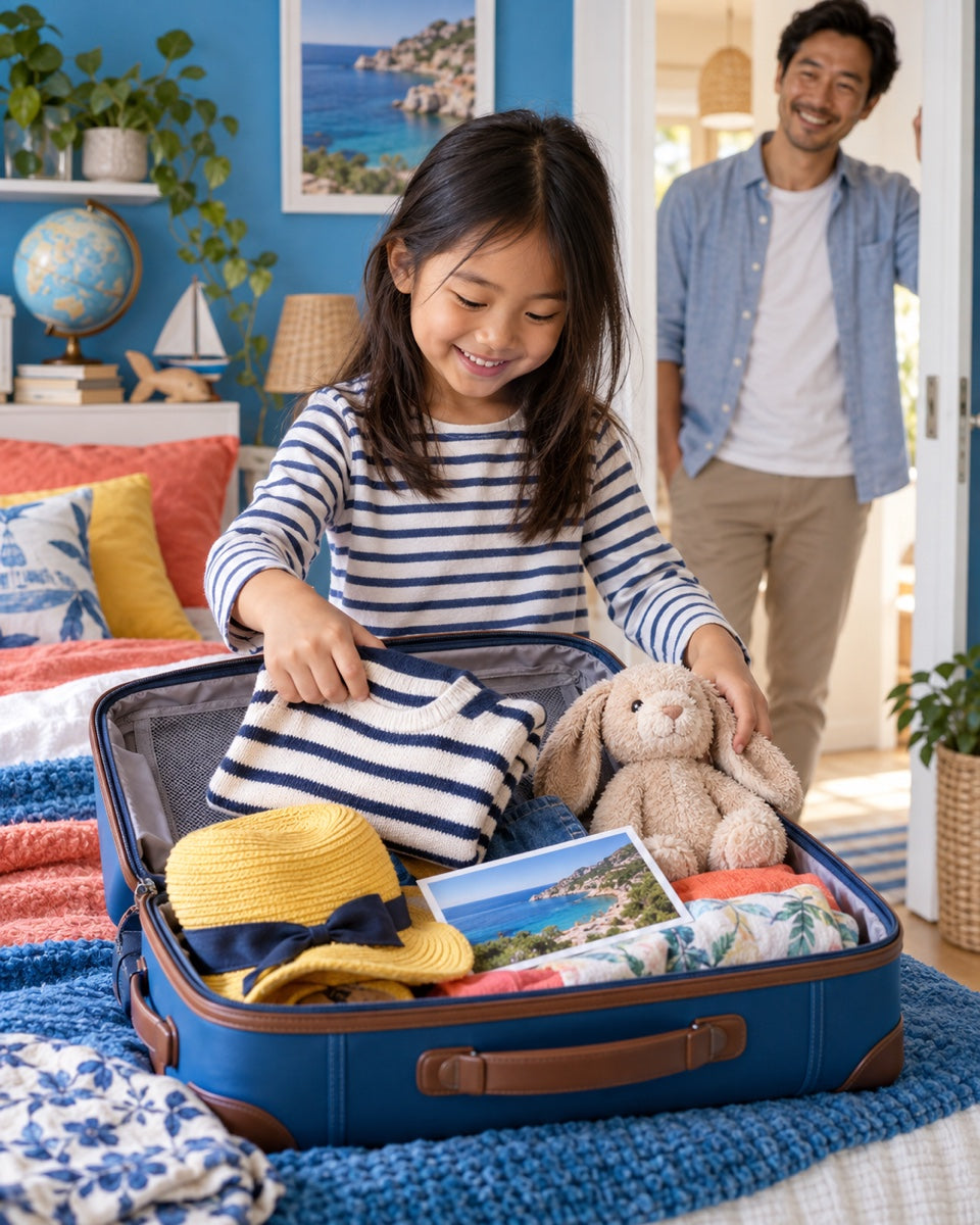 Un enfant prépare fièrement sa petite valise de vacances dans sa chambre